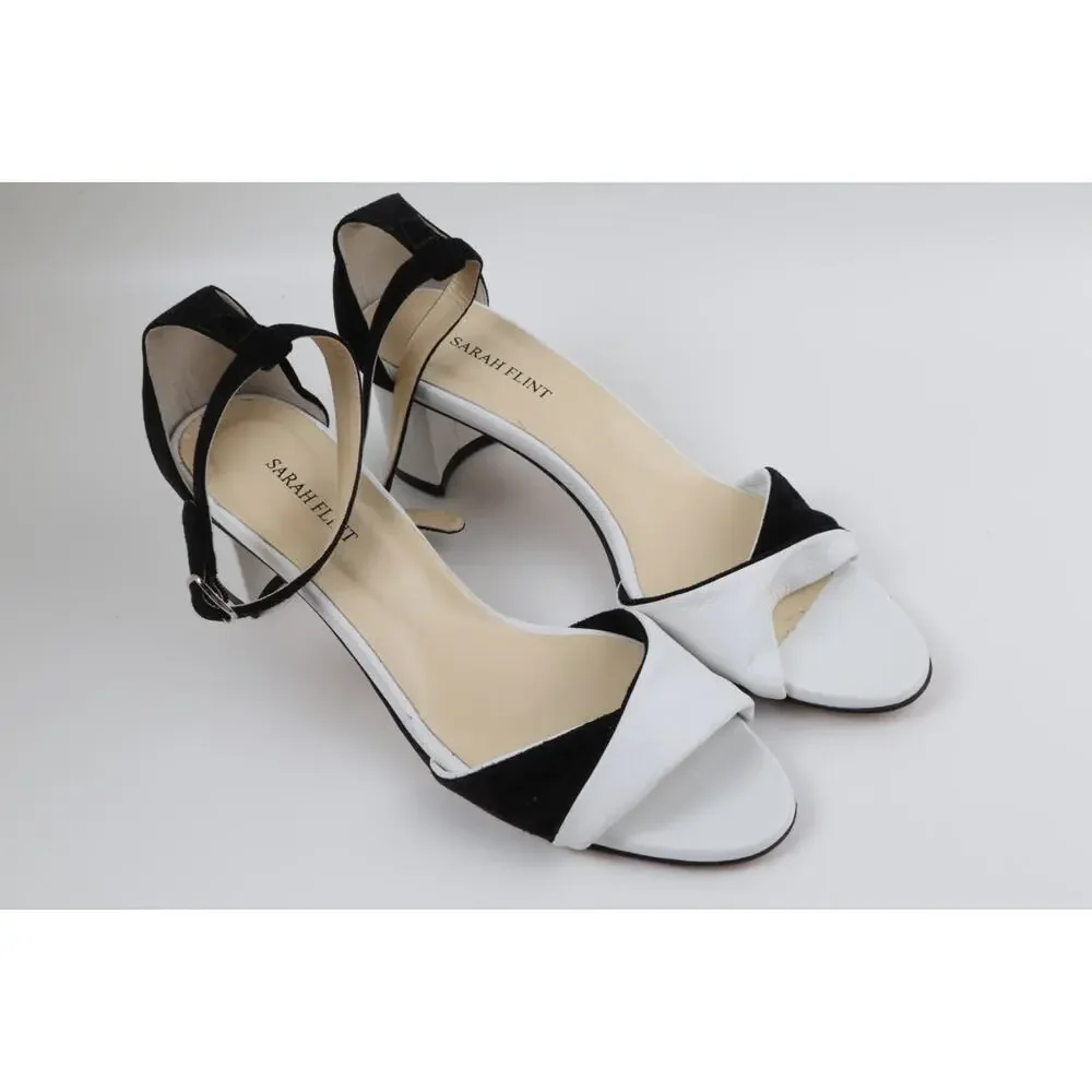 SARAH FLINT Handmade Black White Suede Leather Block Ankle Strap Sandals Size 39 - Picture 10 of 16